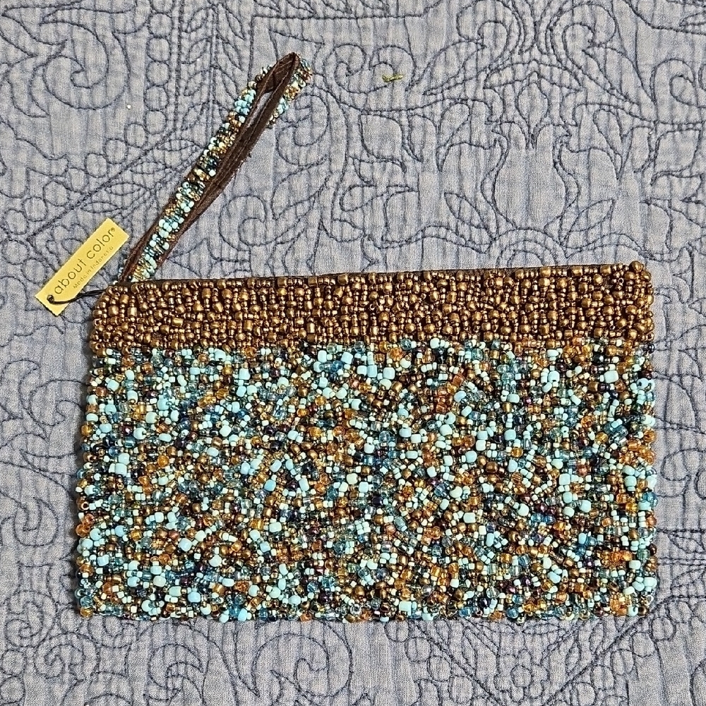 About Color Copper and Turquoise Beaded Clutch 8 X 4.5 Inches NWT